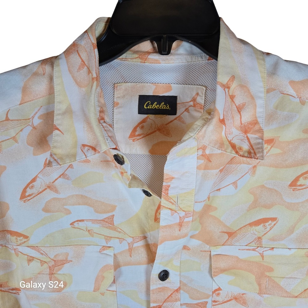 Cabelas Mens Short Sleeve Button Up Shirt Fish Print Casual Outdoor‎ Size XL